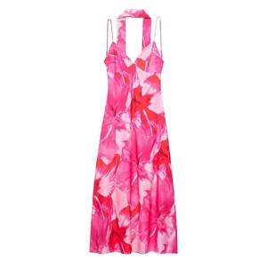 Robe Midi Élégante en Satin à Imprimé Floral avec Dos Nu pour Femmes Col en V Sans Manches Ligne A Dos Nu Robe de Soirée Vacances