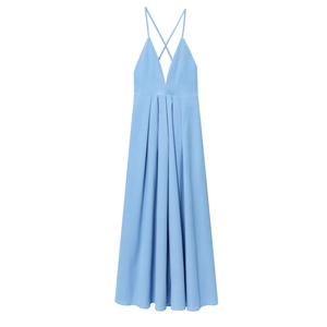 Detail of light blue maxi dress featuring a deep V-neckline and pleated hem details