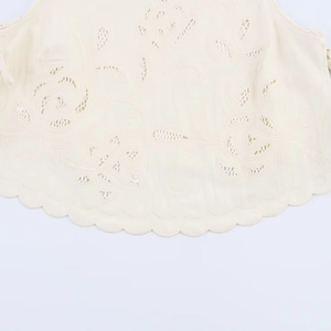 Embroidered floral scalloped hem top in cream white with delicate openwork detail