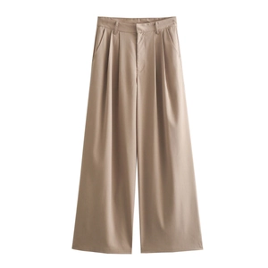Women's high waist wide leg khaki trousers with pleated front and side pockets