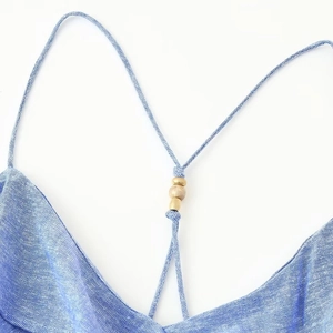 Linen-blend tiered camisole dress in blue with delicate tie-straps and gold bead accents