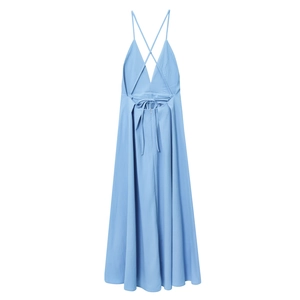 Detail of sky blue backless dress with crossover straps and ribbon bow tie back