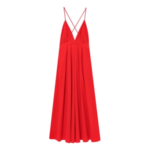Detailed close-up of backless red maxi dress featuring a deep V-neck and criss-cross straps
