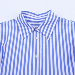Primer plano del cuello en punta y la tapeta de botones de una camisa de popelina a rayas azules