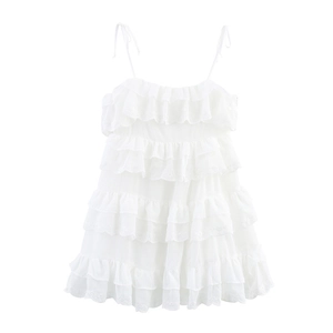 Damen Elegant Weiß Lochstickerei Stufenrock Kleid Süß Ärmellos Zum Binden Rückenfrei Midi Kleid Für Strand Party
