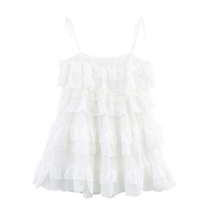 Weißes mehrlagiges Rüschen-Camisole-Oberteil mit Lochstickerei und Bindebändern