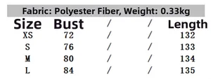 Size chart table for women's dress showing bust and length in XS to L measurements