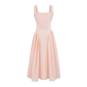 Women's French Sweet Square Neck Sleeveless Pleated Midi Dress Pink High Waist Casual A-Line Sundress