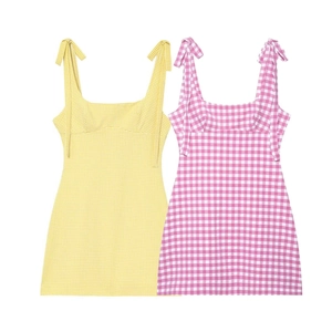 Damen Gingham Minikleid Schleifen-Träger Eckiger Ausschnitt Ärmellos A-Linie Sommer Kleid Casual Strand Streetwear Urlaub