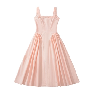 French style light pink sleeveless midi dress with square neck and pleated skirt