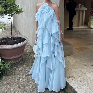 Robe Longue Dos Nu Élégante Avec Décoration Florale 3D Volants Multi-couches Aspect Mousseline Pour Mariage Fête Vacances Femme