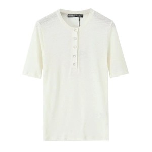 White linen blend short sleeve Henley T-shirt with five-button placket on plain background