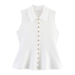 Gilet Tricoté Blanc Élégant pour Femme Haut Sans Manches Col Polo Avec Boutons Dorés Coupe Slim Ourlet Peplum