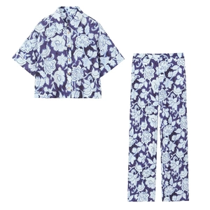 Completo Top And Bottom da Donna Casual in Poliestere con Stampa Floreale Camicia a Maniche Corte e Pantaloni Lunghi