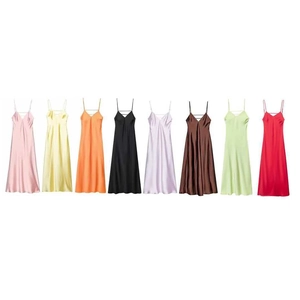 Elegante abito sottoveste in raso da donna con scollo a V e spalline incrociate in 8 colori
