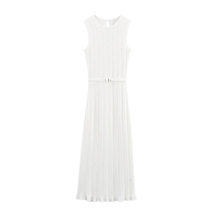 Robe Maxi Sans Manches en Tricot Blanc Avec Ceinture Élégante Robe Longue Crochetée Pour Vacances Été Style Décontracté Femmes
