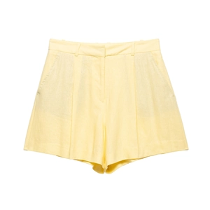 Elegant light yellow high-waisted linen shorts with front pleats and side pockets