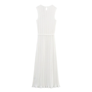 Élégante robe longue blanche sans manches en maille avec côtes et ourlet à volants