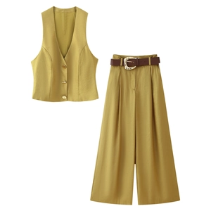 Elegante Gilet da Donna Senza Maniche con Scollo a V e Pantaloni a Gamba Larga a Vita Alta Texture Satinata Bottone Dorato Casual Top And Bottom