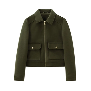 Dark green wool-textured jacket with gold buttons and zipper on white background