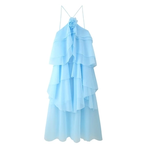 Light blue chiffon ruffled maxi dress with neck tie and 3D floral accent detail