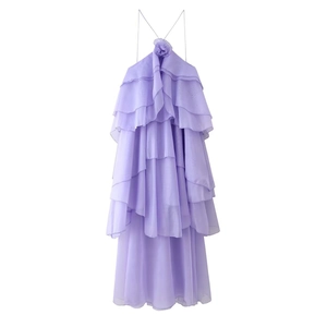 Lavender purple layered ruffle dress with 3D floral accent and spaghetti straps