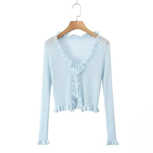 Detail of light blue ribbed knit cardigan with ruffled edges and front tie closure
