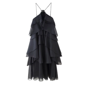Elegant black layered chiffon halter dress with 3D floral accent and pleated ruffles
