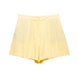 Pale yellow high-waisted linen blend wide-leg shorts with front pleats and side pockets