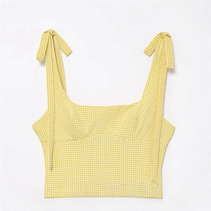 Damen Gingham-Crop-Top in Gelb mit Bindeträgern und quadratischem Ausschnitt