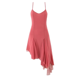 Slim fit rose pink slip dress with asymmetric layered ruffles and delicate straps