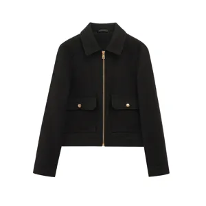 Short black wool-like jacket with zipper closure and silver-buttoned flap pockets