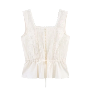 Women French Vintage Square Neck Peplum Top Sexy Lace Floral Embroidery Sleeveless Blouse Drawstring Waist Summer Top