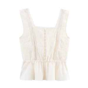 French vintage lace sleeveless peplum top with floral embroidery and square neck