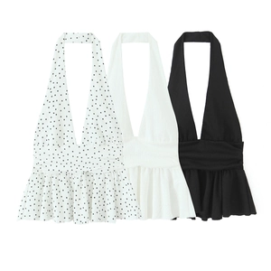Haut Sans Manches Dos Nu Halter Femme Col en V Volant Ourlet Peplum Mousseline Camisole pour Été Fête Pois Chemise Casual