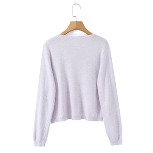 Rear view of lavender purple knit cardigan featuring ribbed cuffs and hem on white background