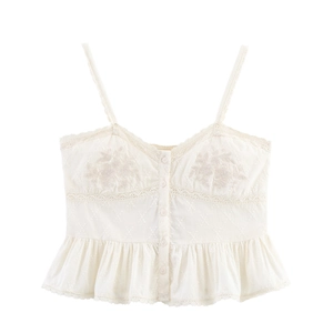 Débardeur Femme Rétro Blanc Cassé en Mélange de Coton Avec Broderie Florale Bordure en Dentelle Col en V Boutonné Volants
