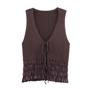 Damen V-Ausschnitt Rüschen Schößchen Strickweste Ärmellos Einfarbig Gerippt Kordelzug Stricktop Casual Streetwear Mode Weste
