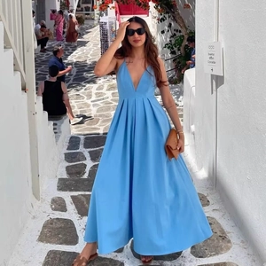 Women Elegant Backless V-Neck Maxi Dress Sleeveless Pleated Sling Long Dress For Summer Vacation Party Beach Casual Dress