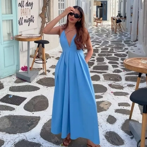 Elegant light blue V-neck backless pleated maxi dress for summer beach vacation wear