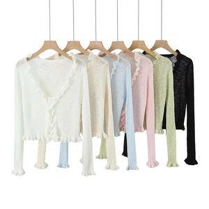 Women Ruffle Trim Long Sleeve Knit Cardigan Tie Front Ribbed Sheer Crop Top Lightweight Solid Sun Protection Outerwear