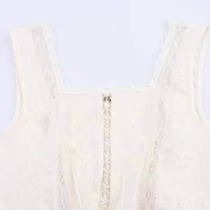 Sleepless beige lace tank top with vintage floral embroidery and square neckline detail