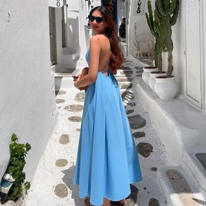 Sky blue backless maxi dress with cross spaghetti straps for elegant resort wear