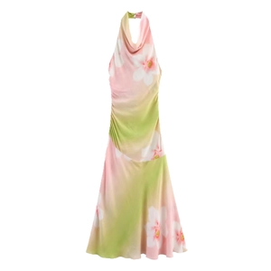 Women's Halter Cowl Neck Floral Print Maxi Dress Satin Ruched Gradient Backless Sleeveless Elegant Summer Party Long Dress