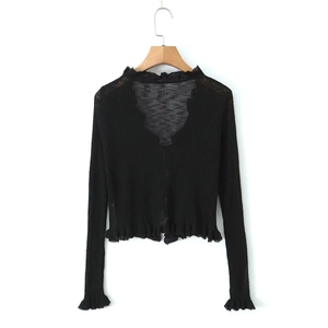 Women's black long sleeve cropped cardigan with ruffled edges and ribbed texture