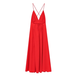 Elegant backless red maxi dress with thin crisscross straps and flowing A-line silhouette