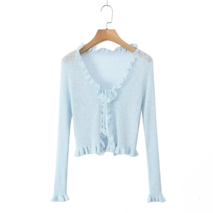 Light blue long sleeve knit cardigan with romantic ruffle trim and tie front closure