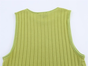Close-up of avocado green ribbed knit sleeveless top neckline and fabric texture