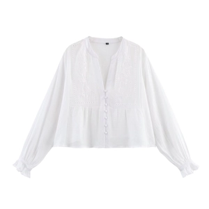 Camicetta da Donna con Scollo a V Manica Lunga Ricamo Traforato Camicia Vintage Floreale Misto Cotone Stile Bohémien Top