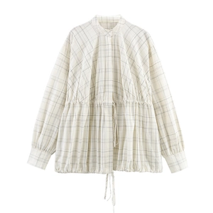 Women's Plaid Shacket Stand Collar Drawstring Waist Shirt Jacket Long Sleeve Casual Cream Black Checkered Blouse Top